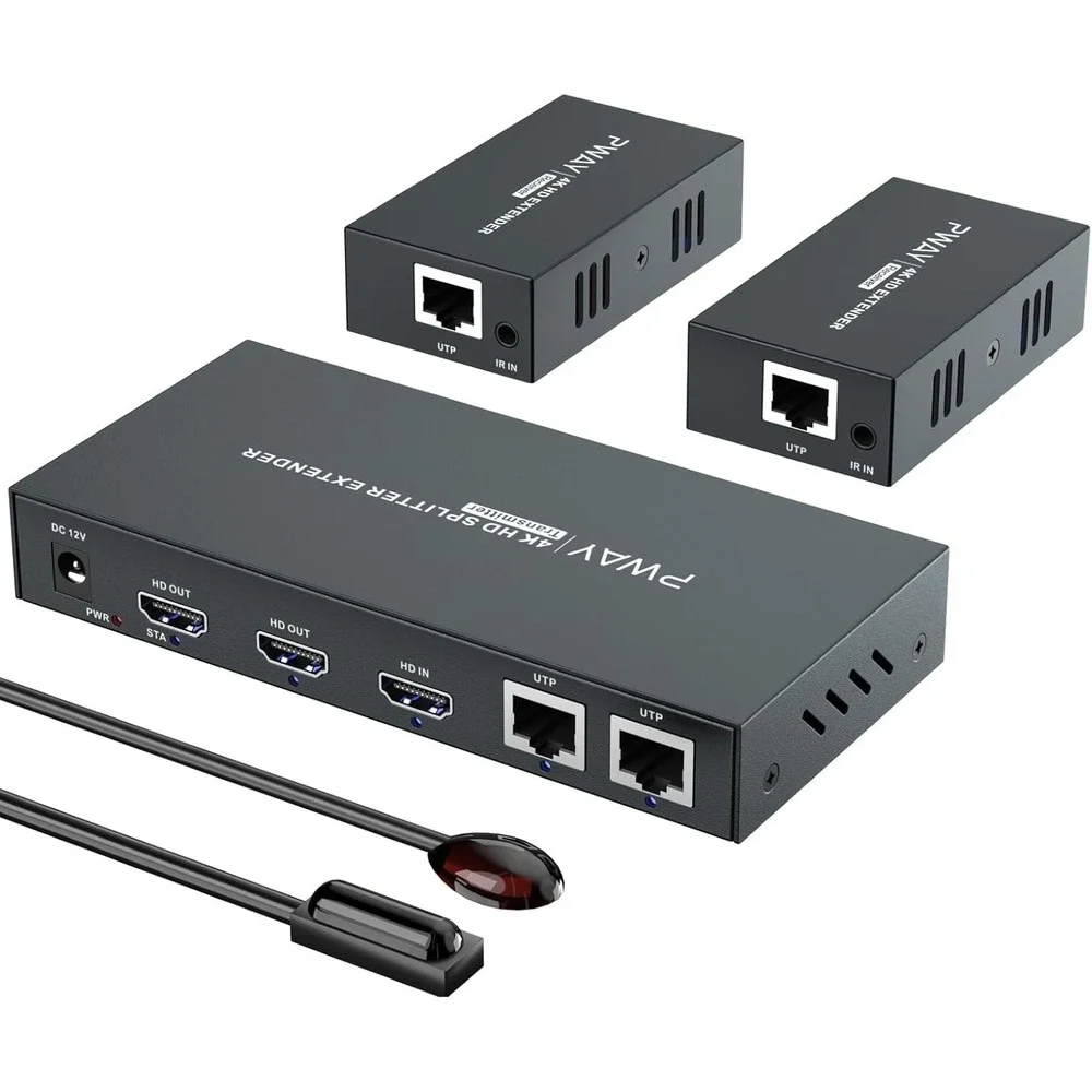PWAYTEK HDMI Extender 1x2 4K60 Cat6 Splitter 60m IR EDID TX‎ RX Kit
